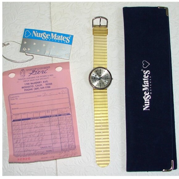 Vtg 1990 Nurse Mates WATCH w/Orig Case & Papers, Rubber Band, Hong Kong B67 - Picture 1 of 12